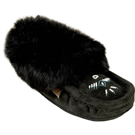 Laurentian Chief Rabbit Fur Moccasin - Black Suede
