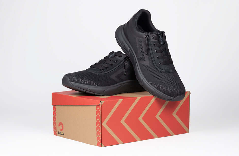 BILLY Men's Black Athletic Sneakers on box, orthopedic and AFO-compatible with easy-entry zipper, wide-width option for ankle support.