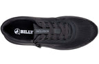 Top view of BILLY Inclusion Men's black athletic sneakers featuring orthopedic design and zipper for AFO compatibility and ankle support.