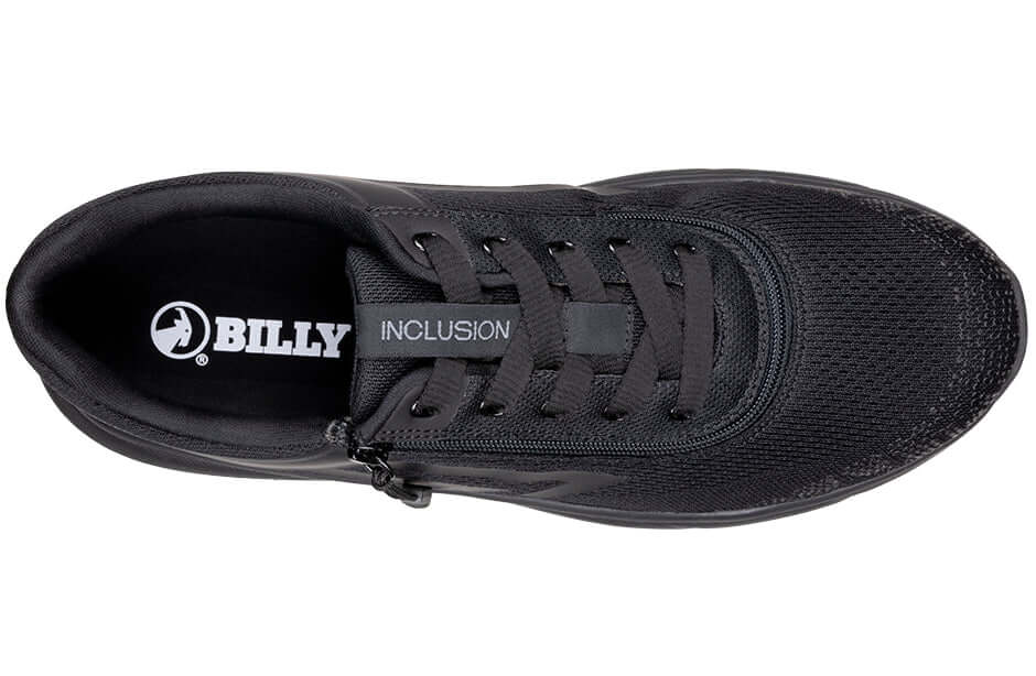 Top view of BILLY Inclusion Men's black athletic sneakers featuring orthopedic design and zipper for AFO compatibility and ankle support.