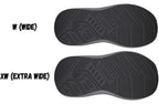 Comparison of BILLY Goat shoe soles: wide width (top) and extra wide width (bottom) for optimal support and comfort.