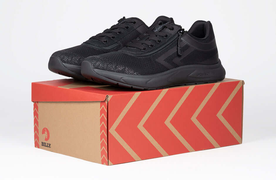 BILLY Men's Black Sport Inclusion Sneakers on box, orthopedic and AFO-compatible with easy-entry zipper, ideal for ankle support.