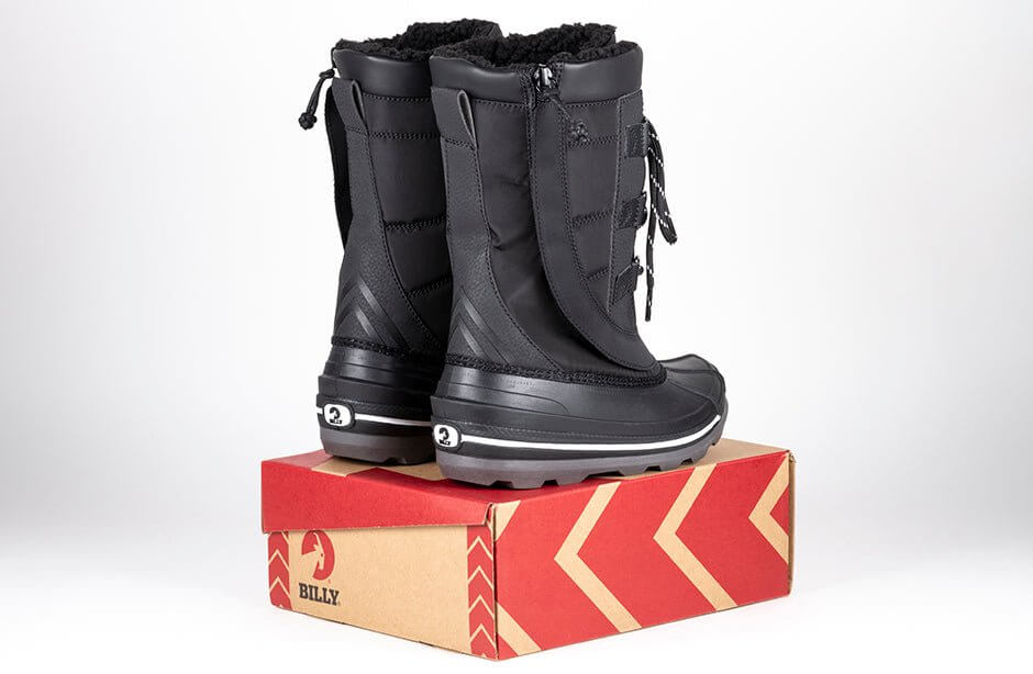 Black/Black BILLY Ice II Winter Boots on box - BILLY ICE Winter Boots for Kids, AFO Friendly, insulated for extreme cold temperatures.