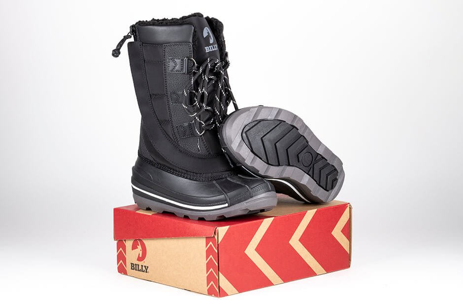 Black/Black BILLY Ice II Winter Boots on shoebox, ideal for AFO, kids