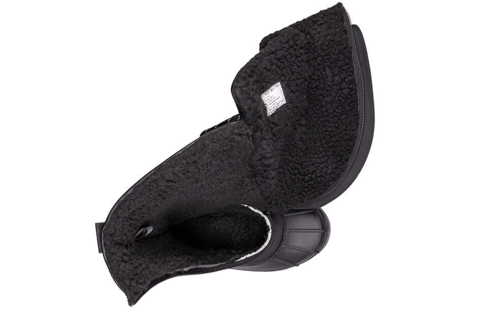 Black BILLY Ice Winter Boots showing insulated inner fabric, keeping feet warm. AFO friendly design for kids, ideal for extreme cold.