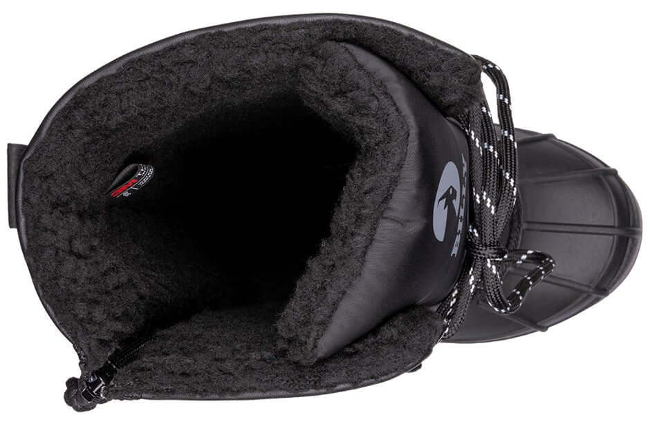 Top view of Black BILLY Ice Winter Boots showing insulated interior, designed for warmth and comfort, AFO friendly for kids.