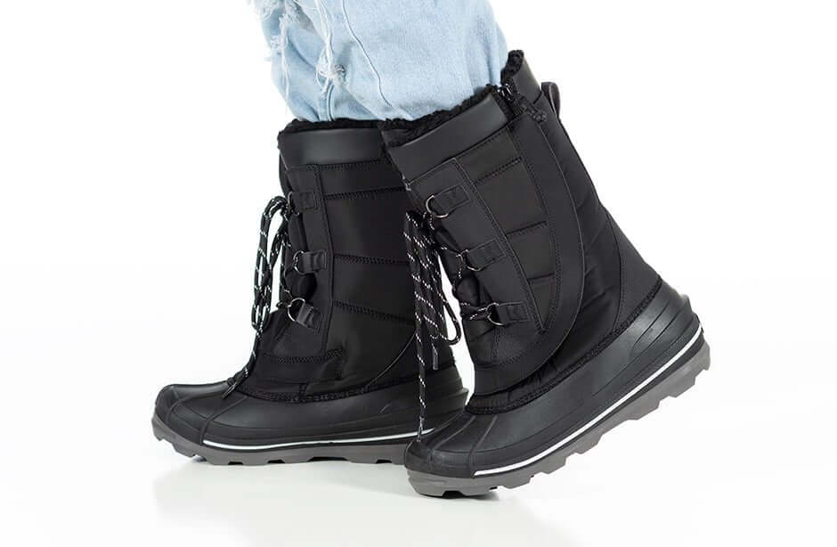Black BILLY Ice Winter Boots for Kids - AFO Friendly, insulated footwear for extreme cold conditions, shown in use.