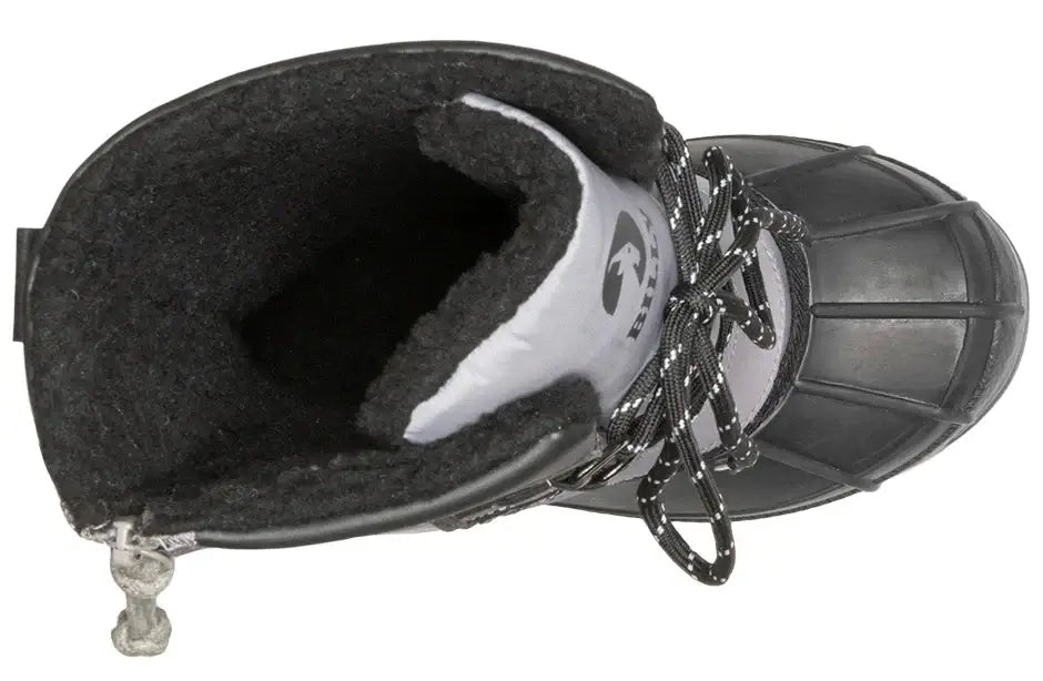 Top view of Black Grey BILLY Ice II Kids Winter Boots showcasing insulated inner fabric, AFO friendly design.