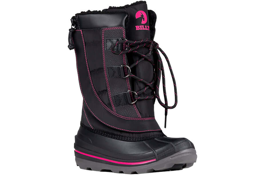 Black/Pink BILLY Ice II Winter Boots, AFO friendly, insulated for warmth, ideal winter footwear for kids.