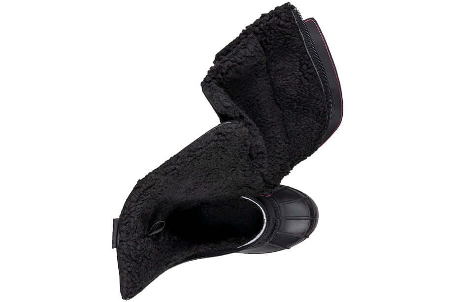 Black/Pink BILLY Ice II Winter Boots with open wrap-around design, AFO friendly, showcasing interior insulation for extreme cold protection.