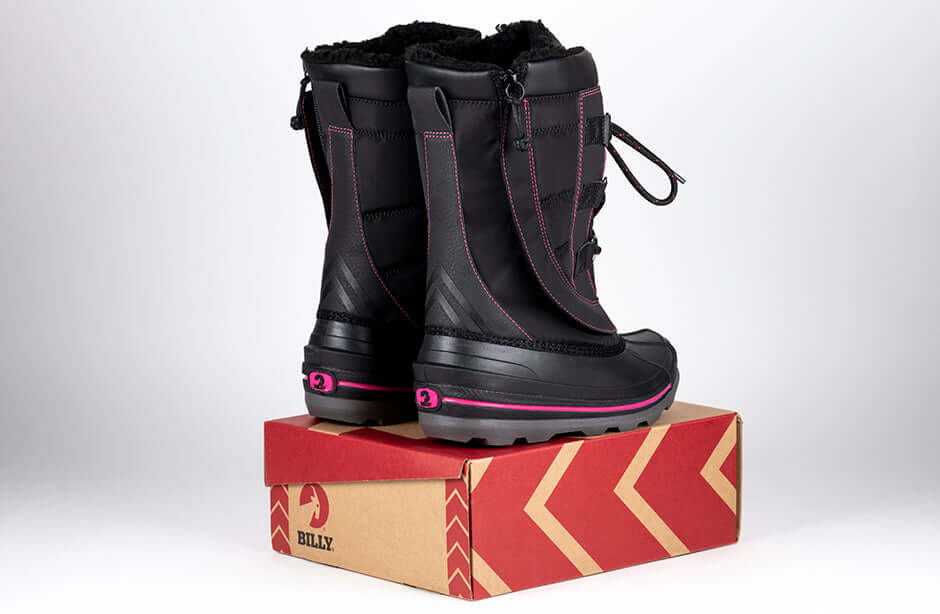 Black/Pink BILLY Ice II Winter Boots on box, showcasing easy access design and insulation for extreme cold, AFO friendly.