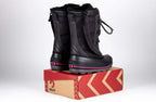 Black/Pink BILLY Ice II Winter Boots on box, showcasing easy access design and insulation for extreme cold, AFO friendly.
