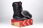 Black/Pink BILLY Ice II Winter Boots for kids, AFO friendly, insulated, on box display with non-slip sole.