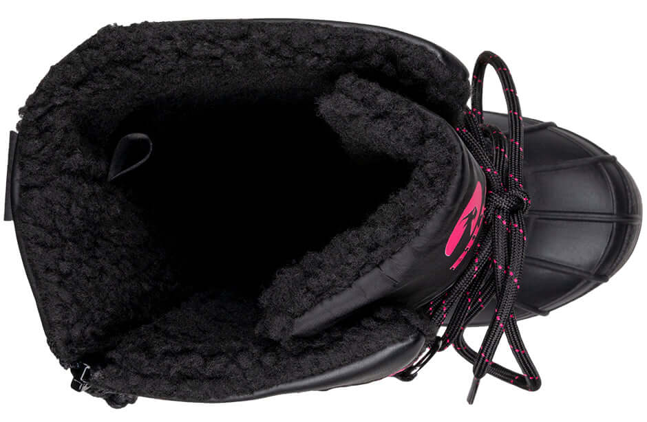 Top view of Black/Pink BILLY Ice II Winter Boots showing insulated interior, designed for extreme cold, AFO friendly, for kids.