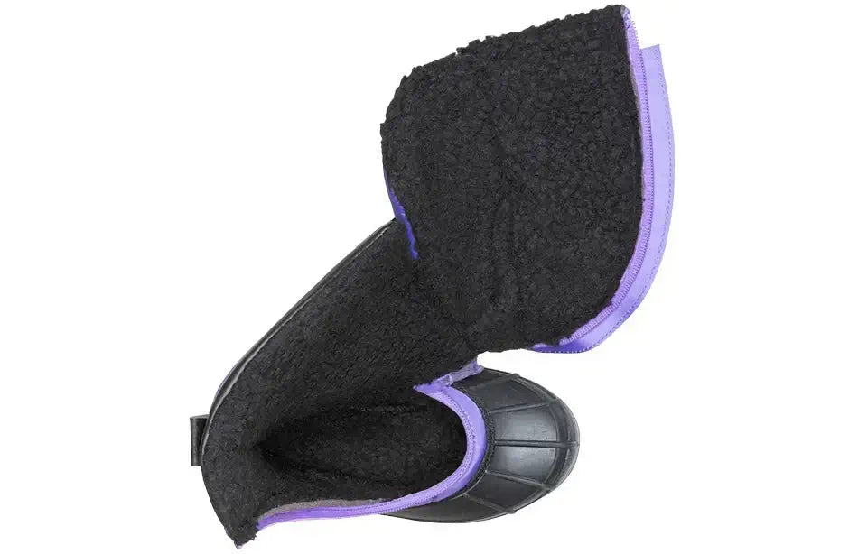 Black/Purple BILLY Ice Winter Boots with open wrap-around design, showcasing black insulated inner fabric, AFO friendly for kids.