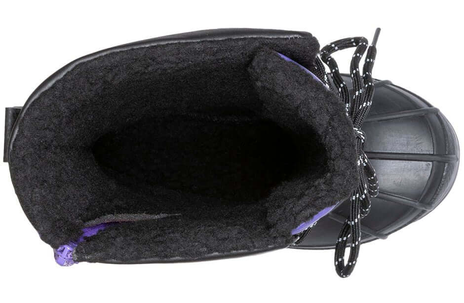 Top view of Black/Purple BILLY Ice Winter Boots showing insulated inner fabric for warmth and comfort in extreme cold.