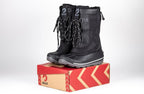 Black/Black BILLY Ice II Winter Boots for Kids on box, AFO friendly design