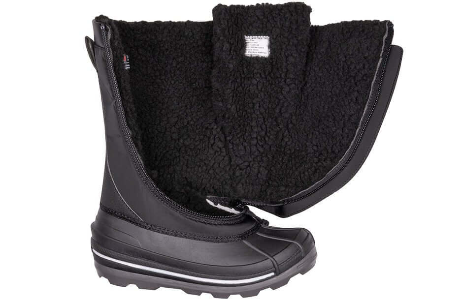 Black BILLY Ice Winter Boots with open wrap-around design, AFO friendly, ideal for kids in extreme cold conditions.