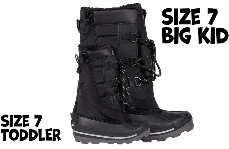 Black BILLY Ice Winter Boots for kids, AFO friendly, size 7, showcasing insulated design for warmth and easy access. Ideal winter footwear.