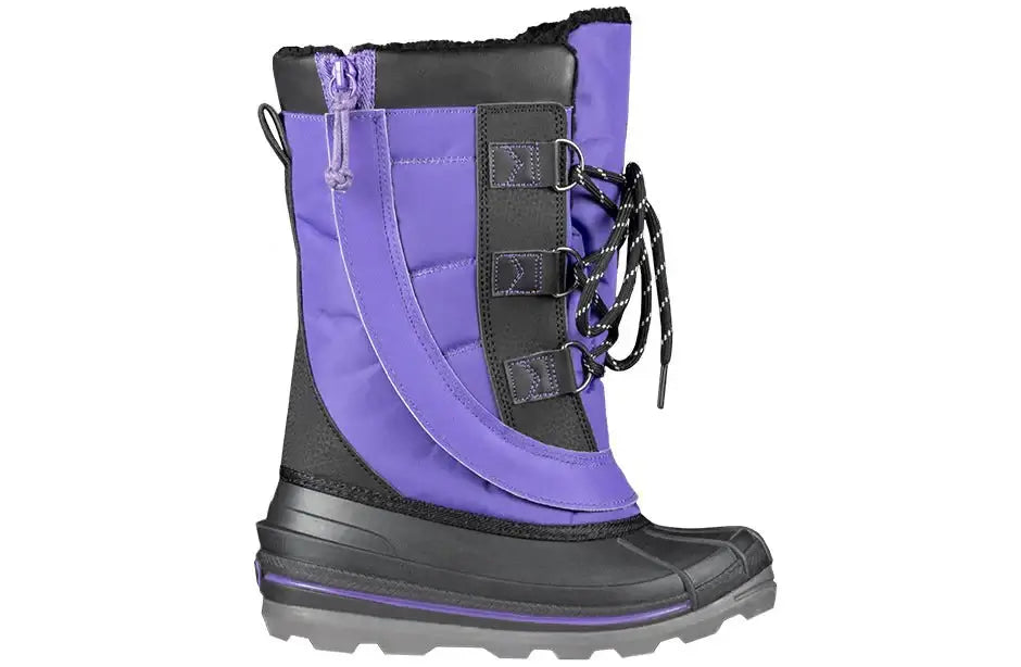 Black/Purple BILLY Ice Winter Boots for Kids - AFO Friendly, insulated for -40 degrees, easy access design for ultimate warmth and comfort.