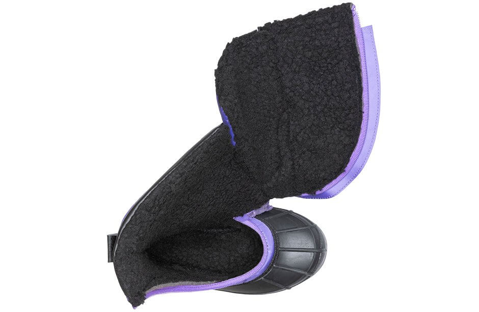 Top view of open Purple BILLY Ice Winter Boots for Kids, AFO friendly design with insulated inner fabric for warmth.