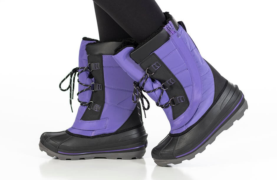 Purple BILLY Ice Winter Boots for kids, insulated for warmth and AFO friendly design, perfect for extreme cold temperatures.
