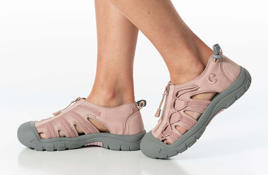 Women's blush BILLY River Sandals with adjustable bungee and straight zipper for AFO and orthopedic needs, worn on foot