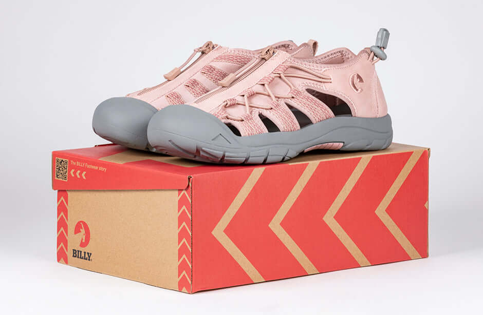 Women's Blush BILLY River Sandals on box, orthopedic shoes for women, AFO-compatible, with adjustable bungee and zipper for easy use.