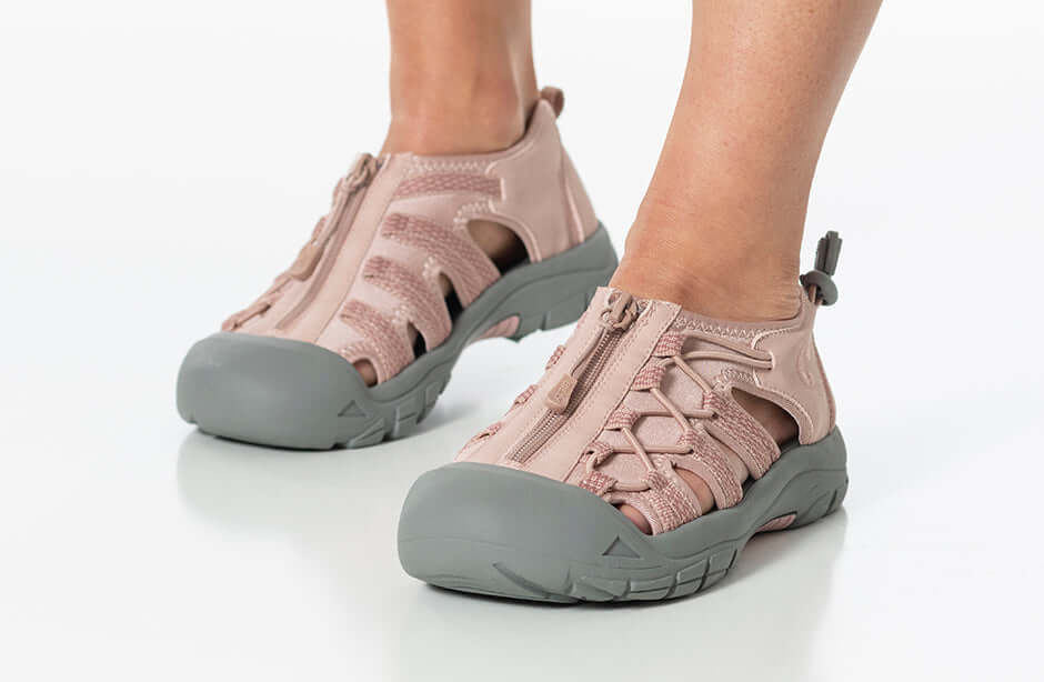 Women's Blush BILLY River Sandals, orthopedic AFO-compatible, blush color, faux leather, elastic material, adjustable bungee, zipper closure.