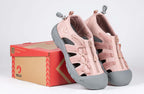 Women's Blush BILLY River Sandals with adjustable bungee and zipper, ideal for orthopedic needs, shown on box.